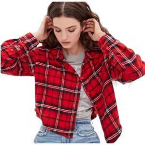 American Eagle Outfitters Womens Red &amp; Black Plaid Cropped Long Sleeves L